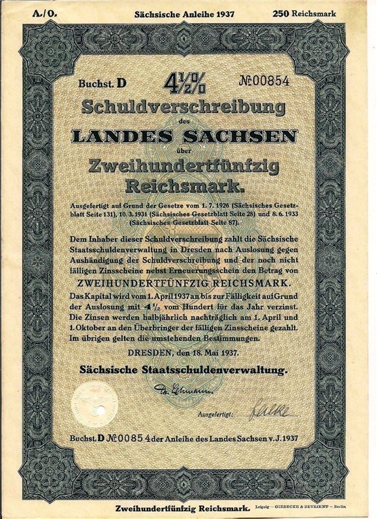 German Land of Saxony 250 Reichsmarks bond 1937 swastika, WWII-img-0