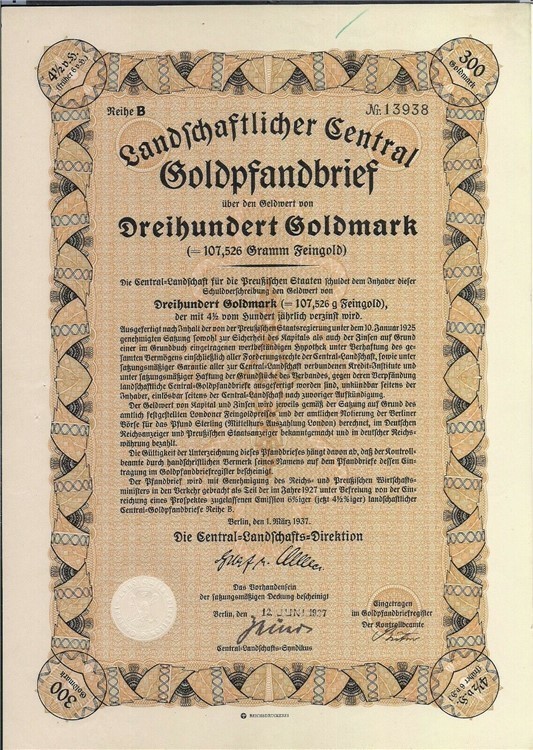  Germany 300 Gold Mark bond State Deposit bank 1937 seal w/ 2 swastikas-img-0