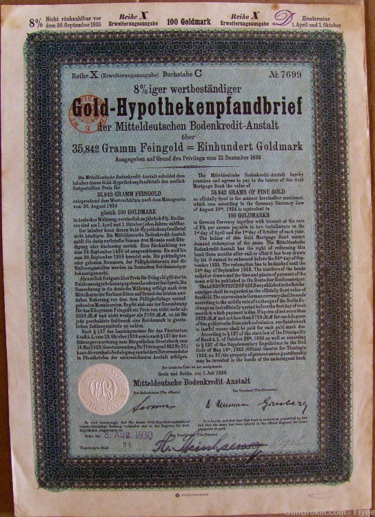 Germany. 8% Mortgage 100 Gold Marks / 35.842 gr Fine Gold bond. Berlin 1930-img-1