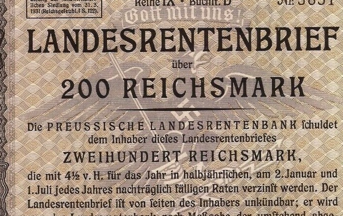 German. State Pension Fund 200 Reichsmarks Bond with swastika 1937-img-1