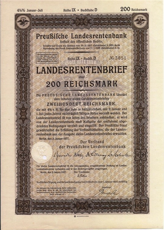 German. State Pension Fund 200 Reichsmarks Bond with swastika 1937-img-0