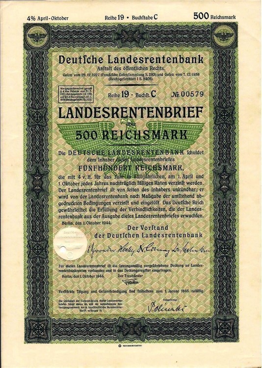  German State Mortgage 500 Reichsmarks Bond due day 1946 swastika-img-0