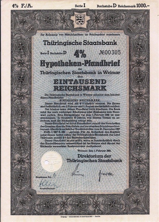 Germany. Thuringian State Bank Mortgage 1000 RM bond, Weimar 1941WWII-img-0