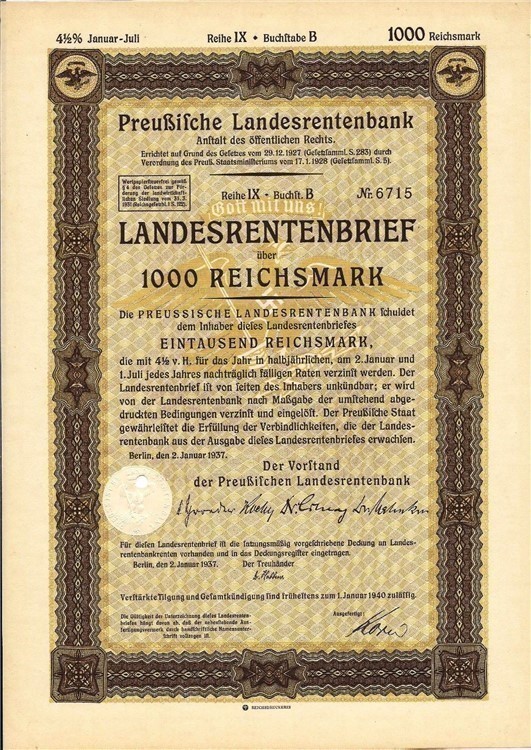  German State Pension Fund 1000 Reichsmarks Bond 1937 with  eagle-img-0