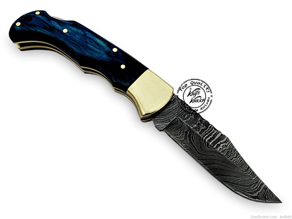 Blue Wood 6.5'' 100% Handmade Damascus Steel Folding Pocket Knife-img-2