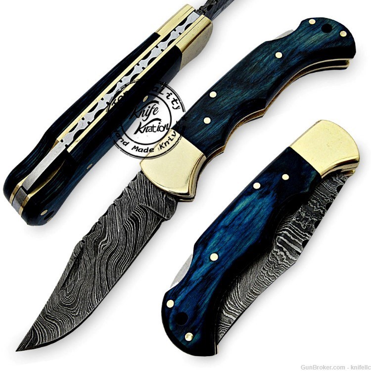 Blue Wood 6.5'' 100% Handmade Damascus Steel Folding Pocket Knife-img-0