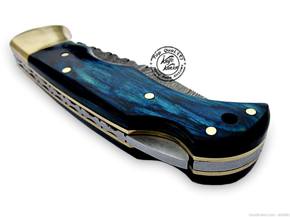 Blue Wood 6.5'' 100% Handmade Damascus Steel Folding Pocket Knife-img-8