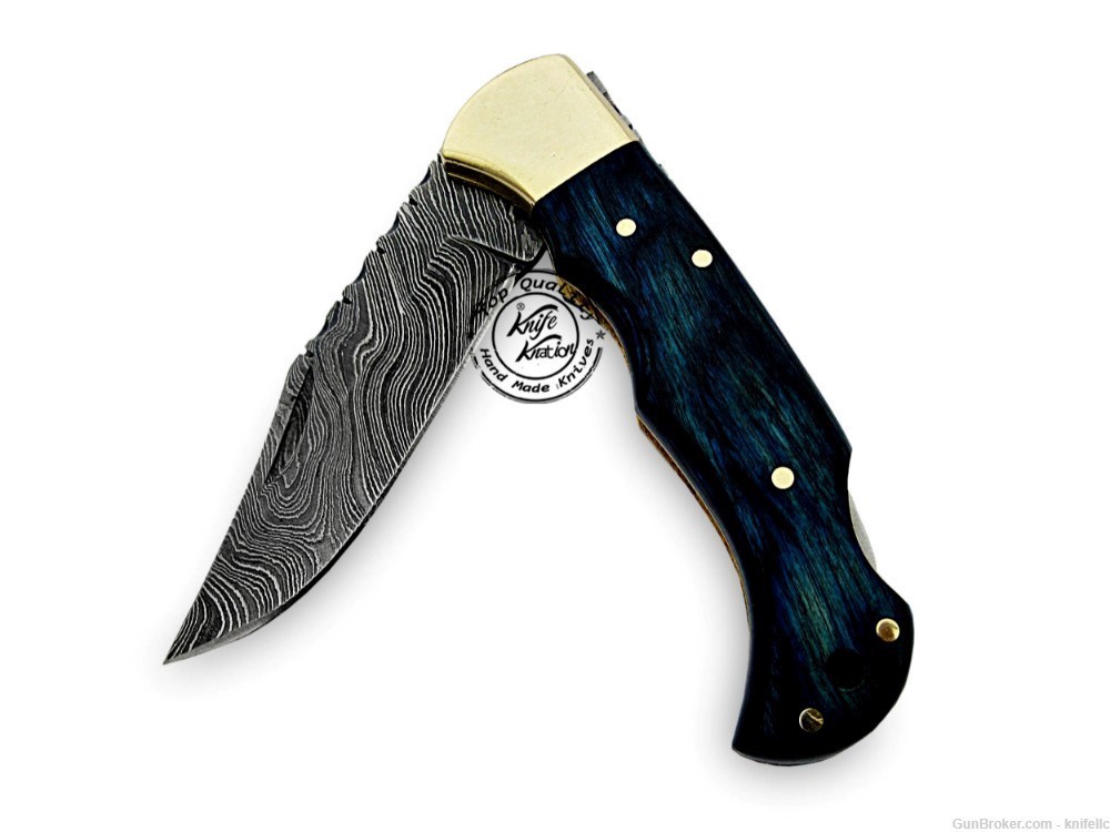 Blue Wood 6.5'' 100% Handmade Damascus Steel Folding Pocket Knife-img-6
