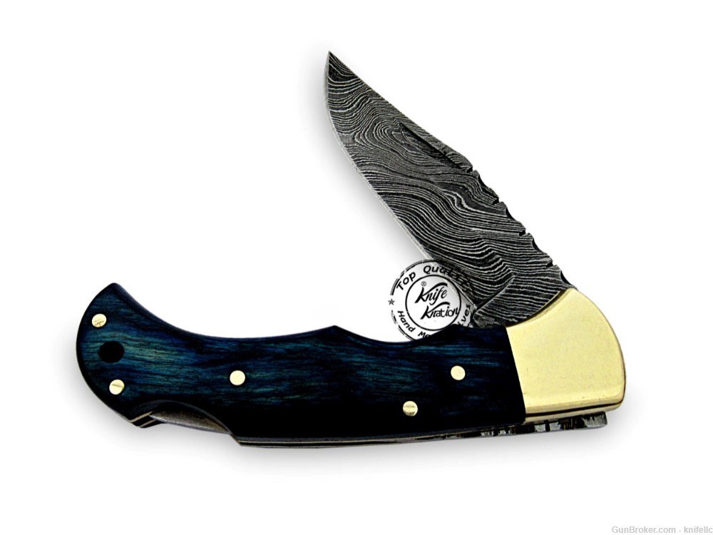Blue Wood 6.5'' 100% Handmade Damascus Steel Folding Pocket Knife-img-5