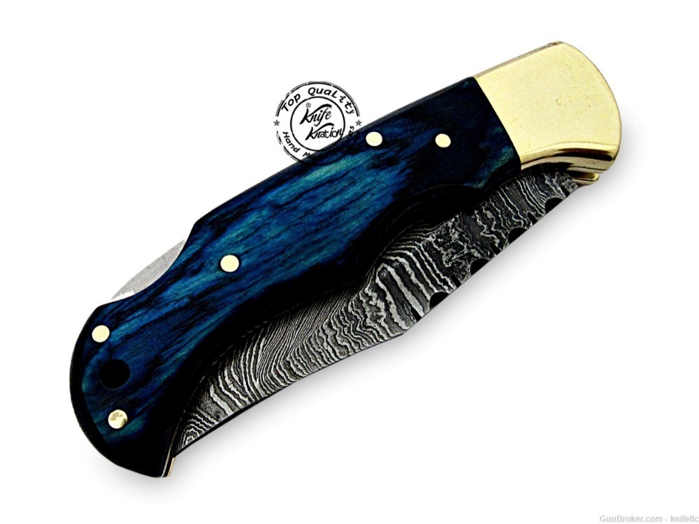 Blue Wood 6.5'' 100% Handmade Damascus Steel Folding Pocket Knife-img-7