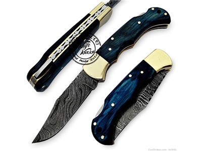 Blue Wood 6.5'' 100% Handmade Damascus Steel Folding Pocket Knife