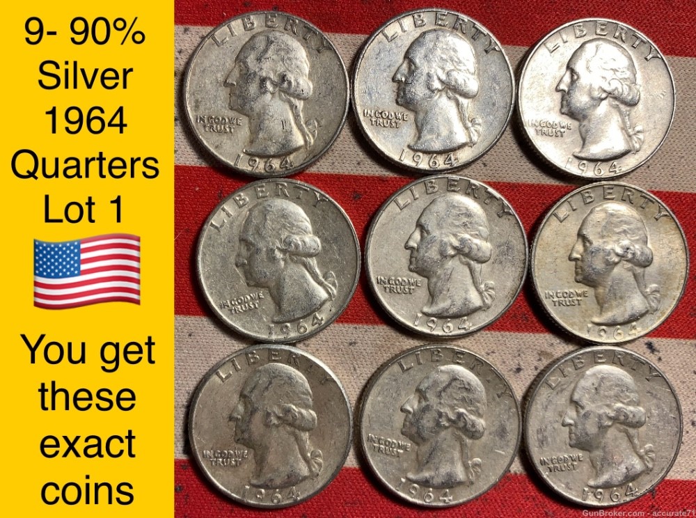 9- 90% Silver 1964 Washington Quarters $2.25 Face Value Coins Lot 1-img-0