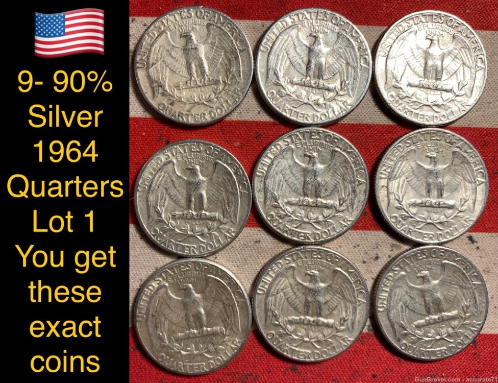 9- 90% Silver 1964 Washington Quarters $2.25 Face Value Coins Lot 1-img-1