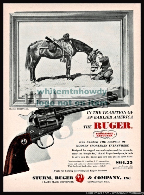 1960 RUGER Single-Six Revolver PRINT AD Cowboy watering horse-img-0