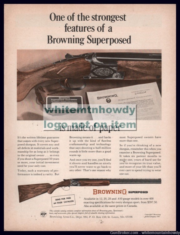 1967 BROWNING Superposed Shotgun Original PRINT AD -img-0