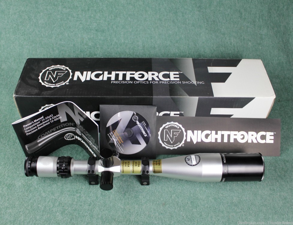 Nightforce 15-55x52mm Limited Edition Silver/Black 1/8 MOA Clicks W/ Rings-img-0