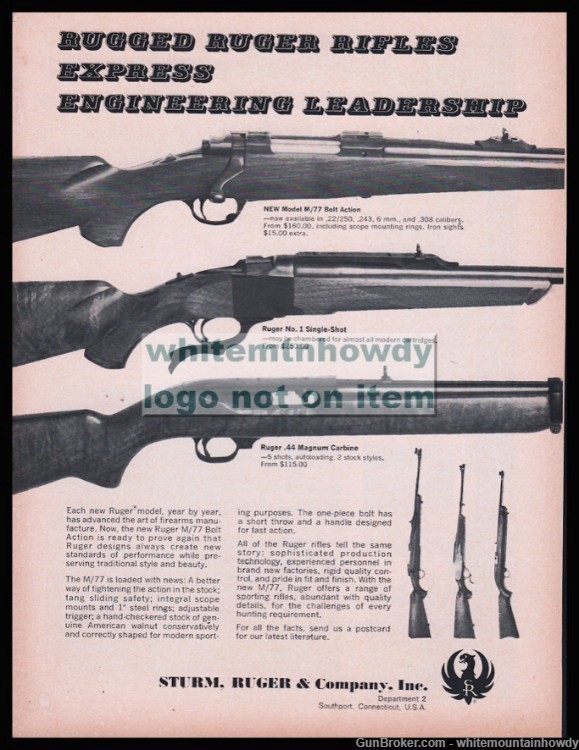 1969 RUGER M77 and No. 1 Rifle .44 Magnum Carbine PRINT AD-img-0