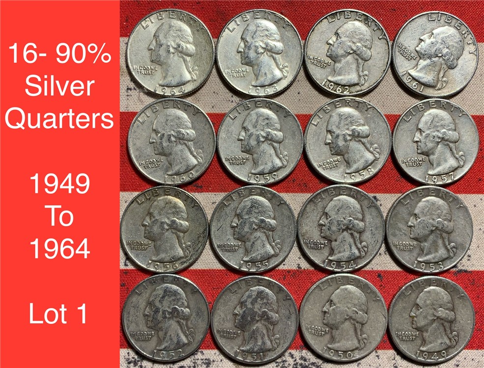 16- 90% Silver 1949 to 1964 Washington Quarters $4 Face Value Coins Lot 1-img-0