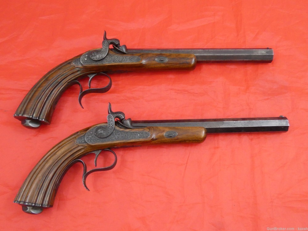 ANTIQUE PAIR DUELING PERCUSSION PISTOLS HAND ENGRAVED "Acier Fondu" in Gold-img-0