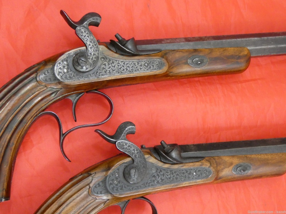 ANTIQUE PAIR DUELING PERCUSSION PISTOLS HAND ENGRAVED "Acier Fondu" in Gold-img-7