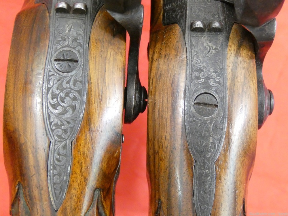 ANTIQUE PAIR DUELING PERCUSSION PISTOLS HAND ENGRAVED "Acier Fondu" in Gold-img-16