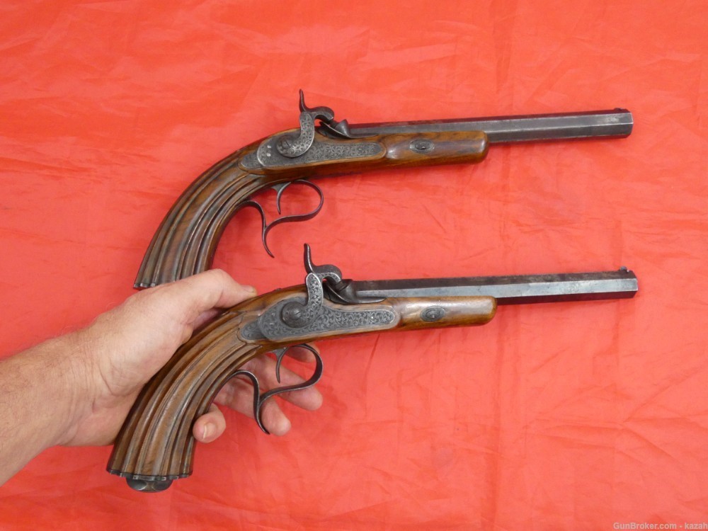 ANTIQUE PAIR DUELING PERCUSSION PISTOLS HAND ENGRAVED "Acier Fondu" in Gold-img-36