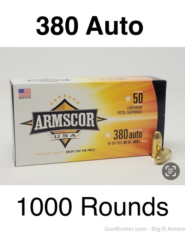 Armscor 380 AUTO Ammunition 95 Gr Full Metal Jacket FMJ CASE 1000 rounds-img-0