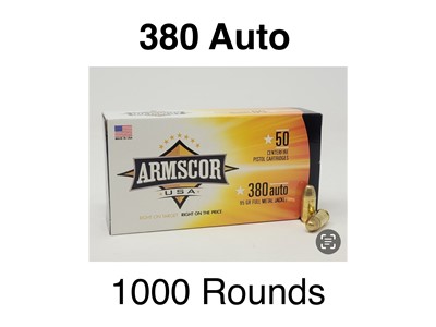 Armscor 380 AUTO Ammunition 95 Gr Full Metal Jacket FMJ CASE 1000 rounds