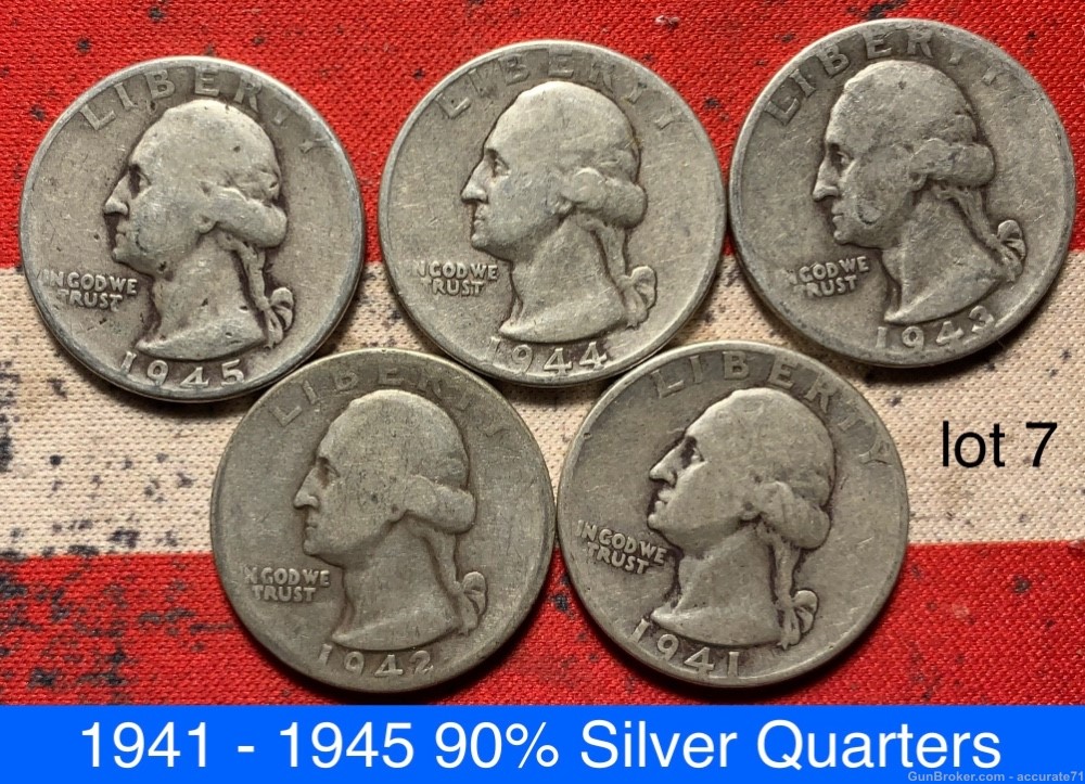 90% Silver 1941 - 1945 Washington Quarters Coins - Lot 7-img-0