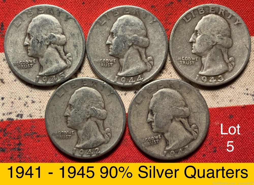 90% Silver 1941 - 1945 Washington Quarters Coins - Lot 5-img-0