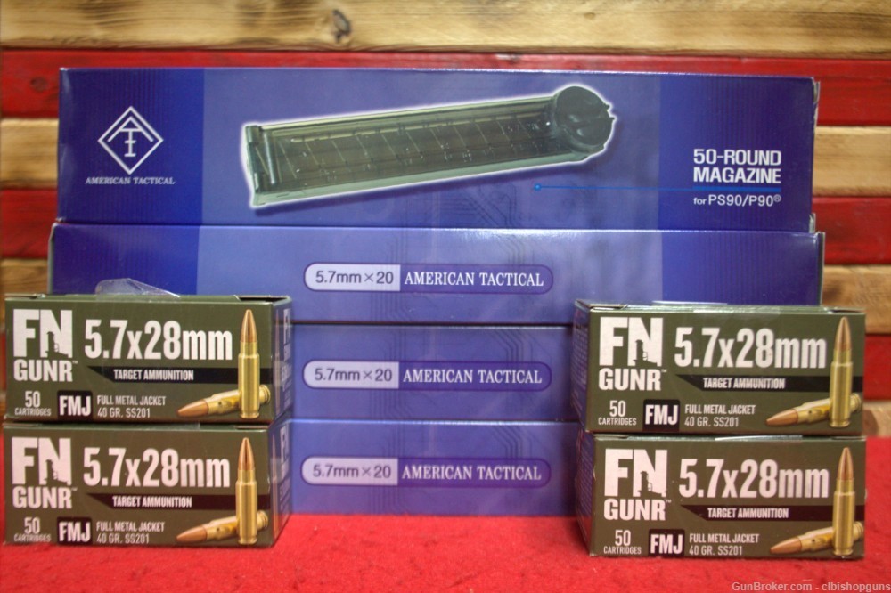 FN Gunr 5.7x28mm ammo FMJ 40 Grain plus 4 50 rnd magazines PS90/P90 -img-0