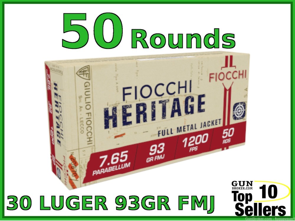 Fiocchi Heritage 7.65 Parabellum 30 Luger 93 GR Full Metal Jacketed 765A-img-0