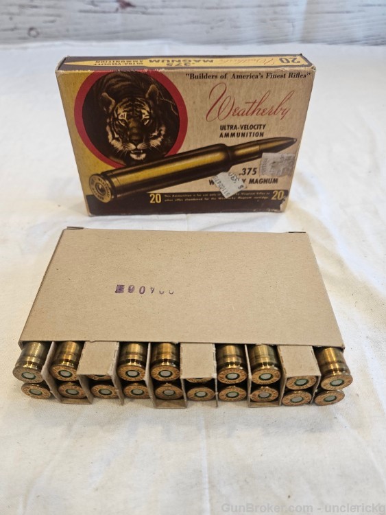 VTG Weatherby 375 Magnum 300 Grain Soft Point Factory Ammo NOS Scarce Rare-img-0