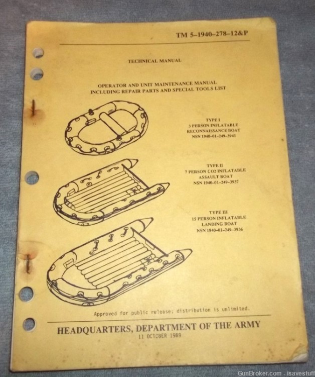 Vintage U.S. Military Manual TYPE I Recon II Assault III Landing Boat 1989 -img-0