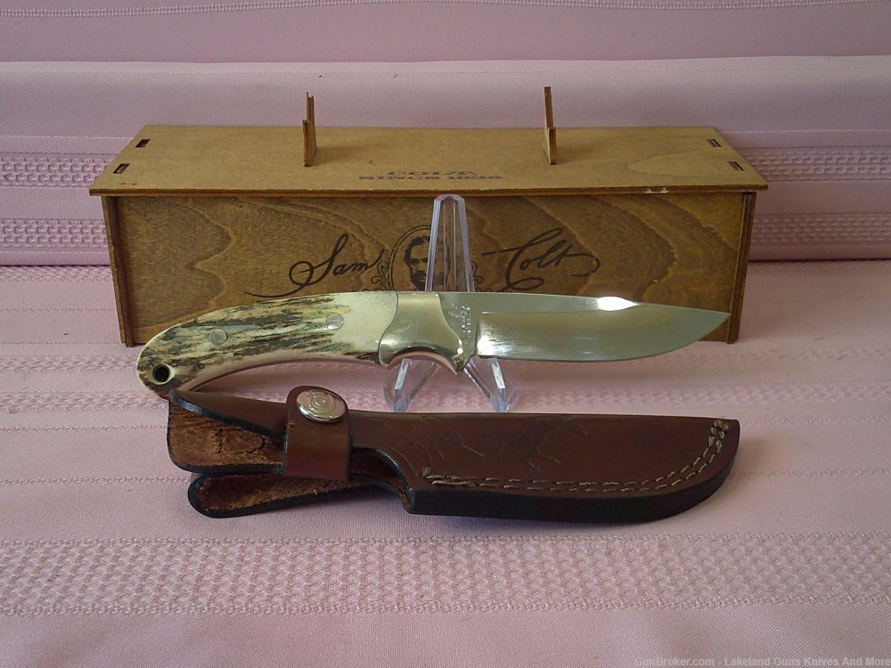 Rare "Real Cowboys Shoot Colt" Stag Handle Gold Etch Hunter Knife #490/1200-img-21