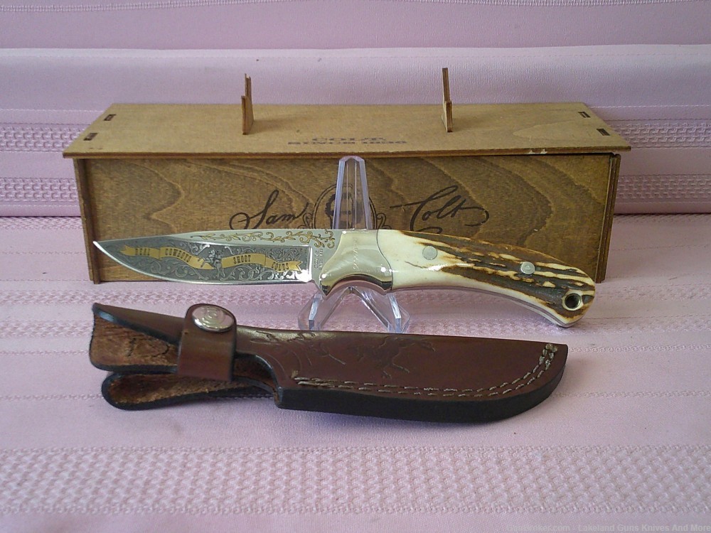 Rare "Real Cowboys Shoot Colt" Stag Handle Gold Etch Hunter Knife #490/1200-img-18