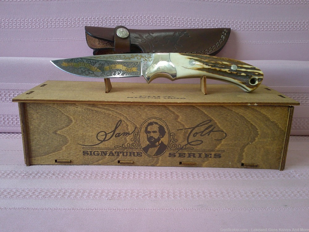 Rare "Real Cowboys Shoot Colt" Stag Handle Gold Etch Hunter Knife #490/1200-img-5