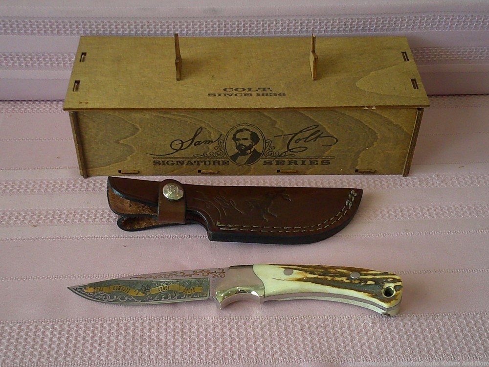 Rare "Real Cowboys Shoot Colt" Stag Handle Gold Etch Hunter Knife #490/1200-img-9