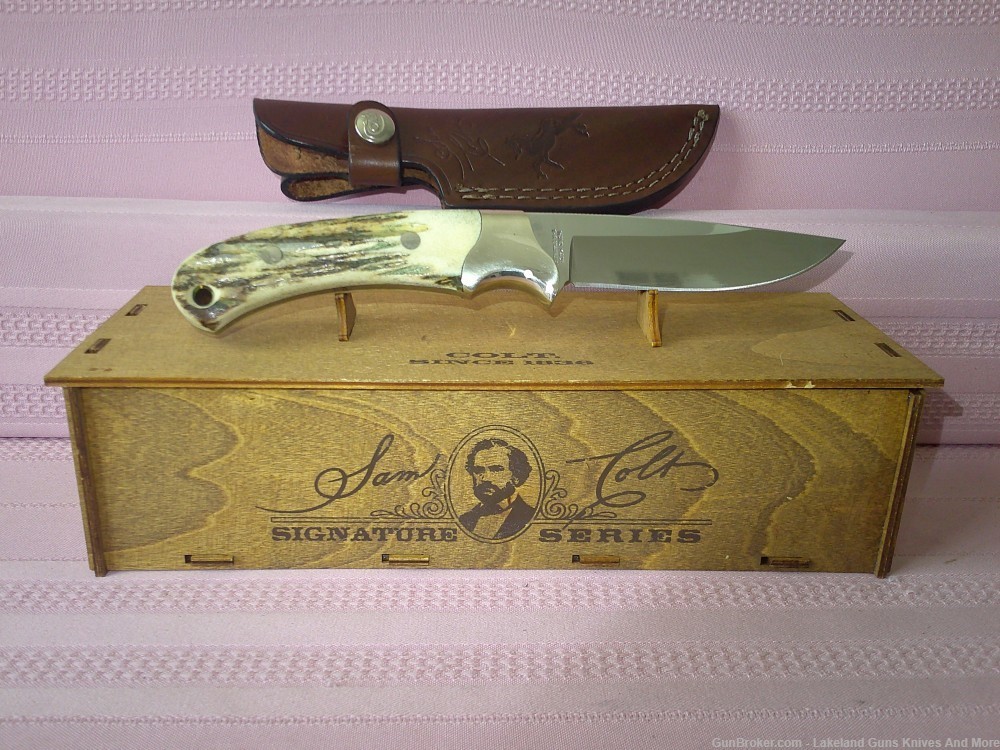 Rare "Real Cowboys Shoot Colt" Stag Handle Gold Etch Hunter Knife #490/1200-img-6
