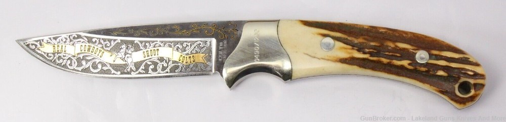 Rare "Real Cowboys Shoot Colt" Stag Handle Gold Etch Hunter Knife #490/1200-img-1