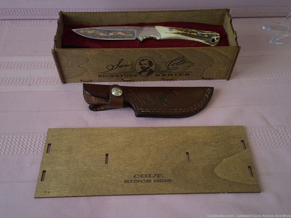 Rare "Real Cowboys Shoot Colt" Stag Handle Gold Etch Hunter Knife #490/1200-img-29