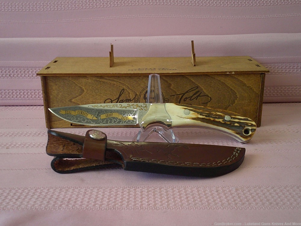 Rare "Real Cowboys Shoot Colt" Stag Handle Gold Etch Hunter Knife #490/1200-img-20