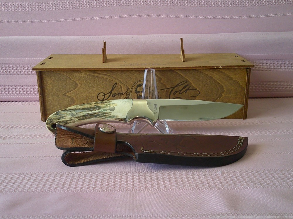 Rare "Real Cowboys Shoot Colt" Stag Handle Gold Etch Hunter Knife #490/1200-img-23