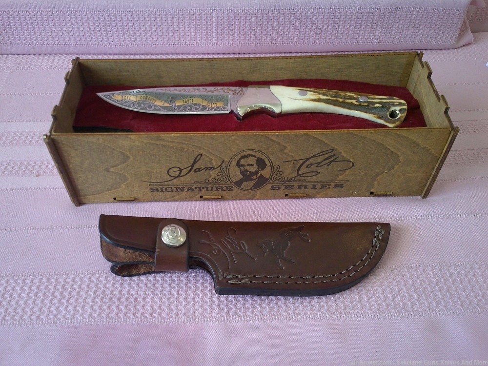 Rare "Real Cowboys Shoot Colt" Stag Handle Gold Etch Hunter Knife #490/1200-img-17