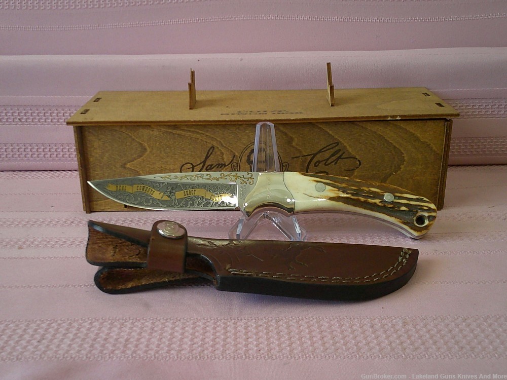 Rare "Real Cowboys Shoot Colt" Stag Handle Gold Etch Hunter Knife #490/1200-img-19