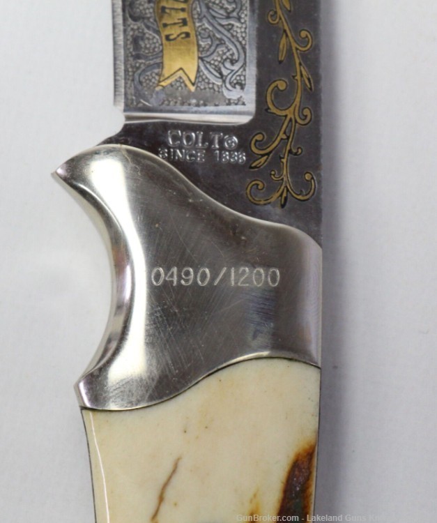 Rare "Real Cowboys Shoot Colt" Stag Handle Gold Etch Hunter Knife #490/1200-img-4
