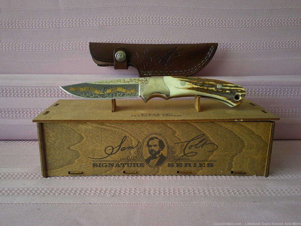 Rare "Real Cowboys Shoot Colt" Stag Handle Gold Etch Hunter Knife #490/1200-img-27