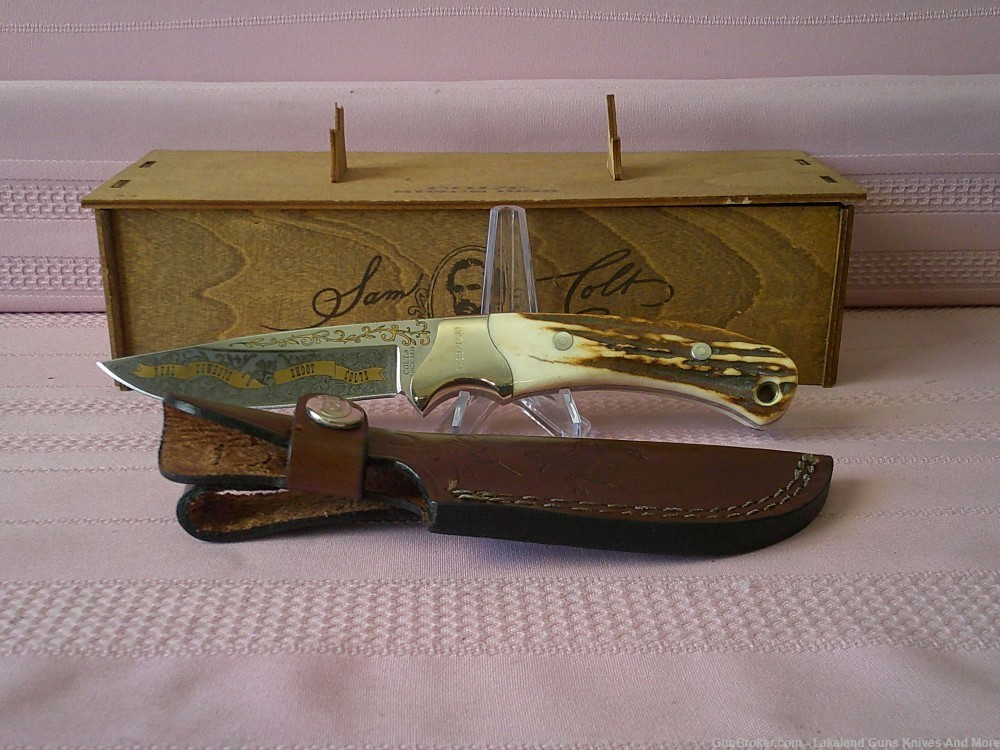 Rare "Real Cowboys Shoot Colt" Stag Handle Gold Etch Hunter Knife #490/1200-img-24