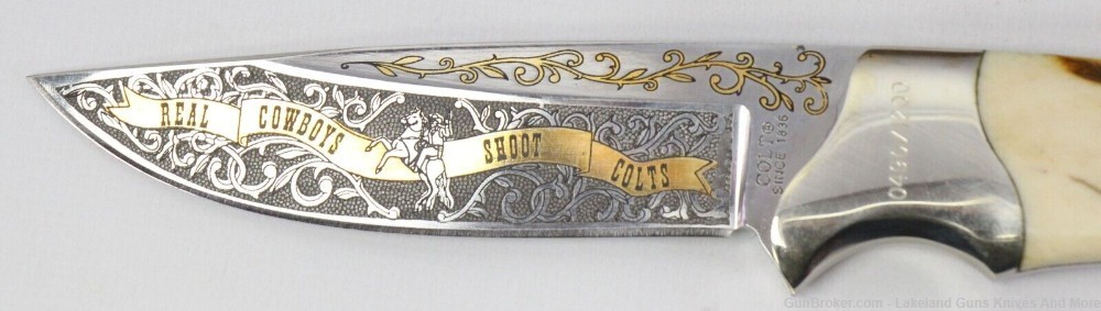 Rare "Real Cowboys Shoot Colt" Stag Handle Gold Etch Hunter Knife #490/1200-img-3