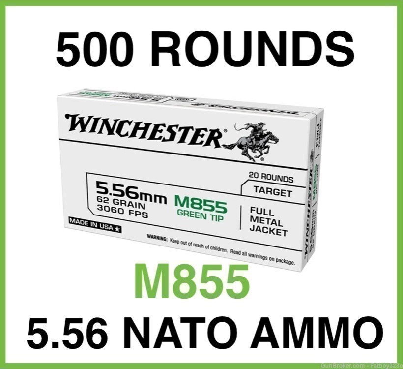 500 Rounds - Winchester 5.56mm M855 NATO Ammo 62 Grain Green Tip FMJ-img-0